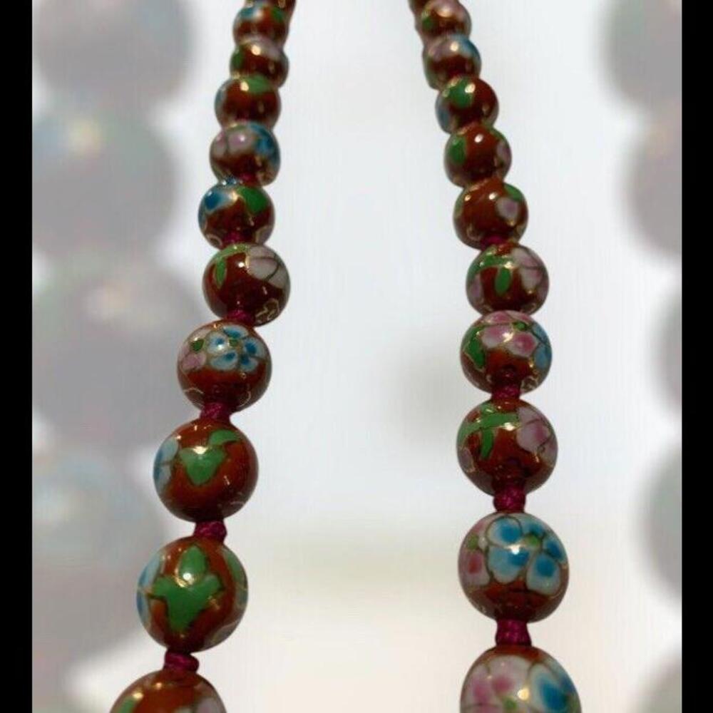 CHINESE EXPORT CLOISONNÉ ANTIQUE NECKLACE LARGE BEADS FLORAL DESIGN RED ENAMEL - Picture 4 of 12